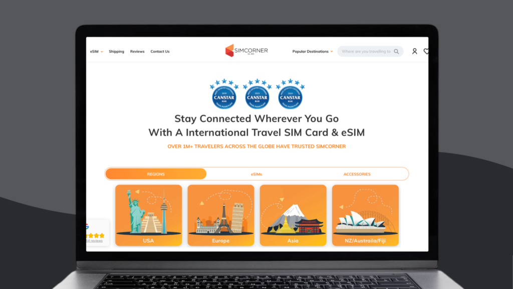 A laptop screen showcases the SimCorner eCommerce website, featuring a range of eSIMs available for travelers heading to various global destinations. 