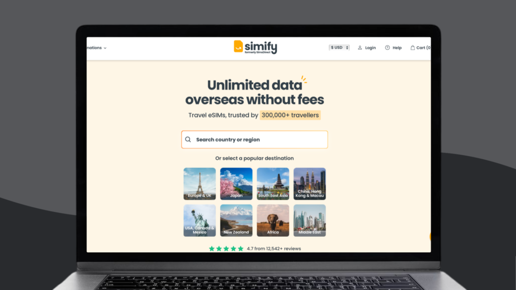 A laptop screen displays Simify's website, featuring popular destinations where travelers may need eSIMs to avoid roaming charges. The site highlights a range of eSIMs available for purchase, tailored to different international locations.