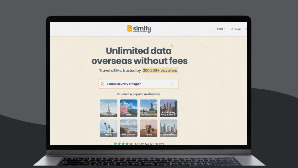 An image of the Simify website homepage featuring eSIM plans for popular travel destinations, like Europe, New Zealand, and the USA.