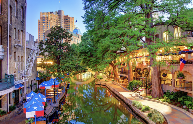 Shot of the San Antonio River Walk in San Antonio, Texas at dusk.
