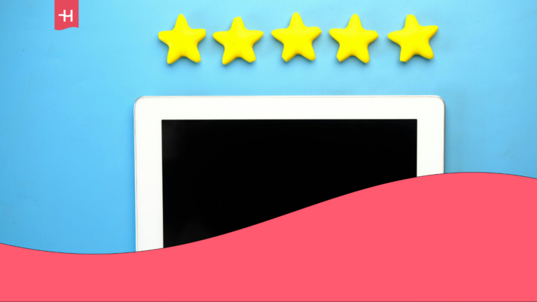 A tablet device is displayed with five bright yellow star shapes hovering just above its screen, symbolizing online reviews or ratings.