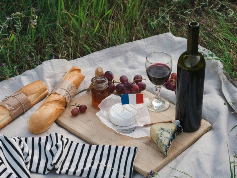 traditional french picnic with baguettes, grapes, cheese, and wine