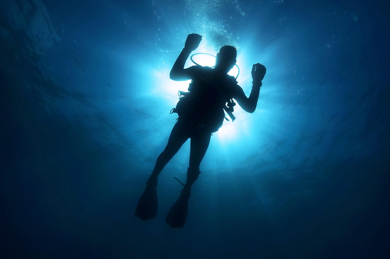 A scuba diver blocking out the sun shining through the water.