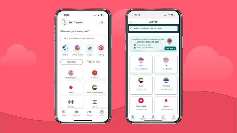home screen of the Holafly app (with various destinations displayed in circular icons) and the airhub app (with various destinations displayed in circular icons)