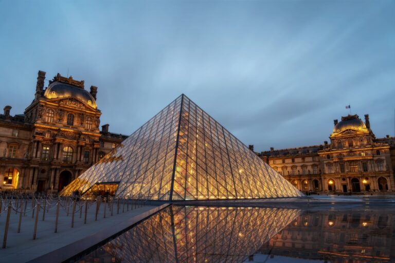 The Louvre museum's iconic pyramid lit up 
