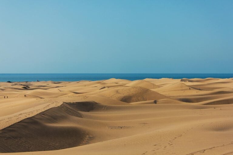 Maspalomas sand dunes with the coastline in the horizon
