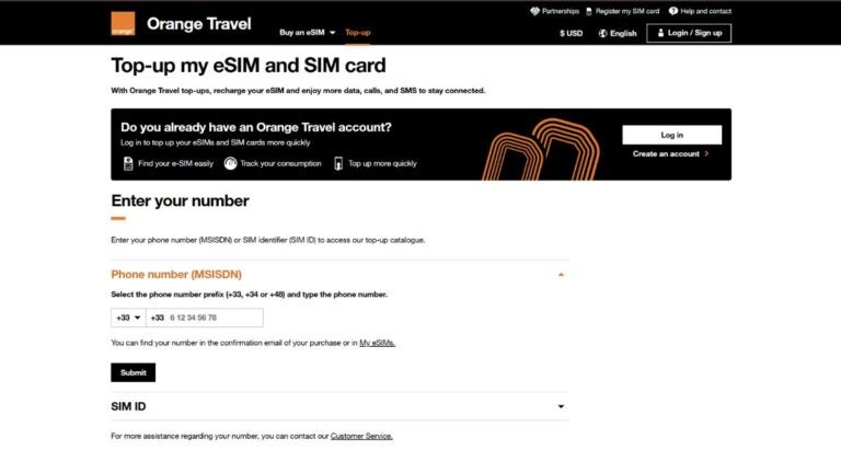 Orange Travel top-up page