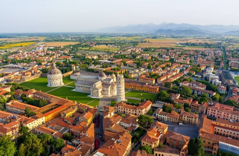 Tower of Pisa, traditional houses and other landmarks of the city