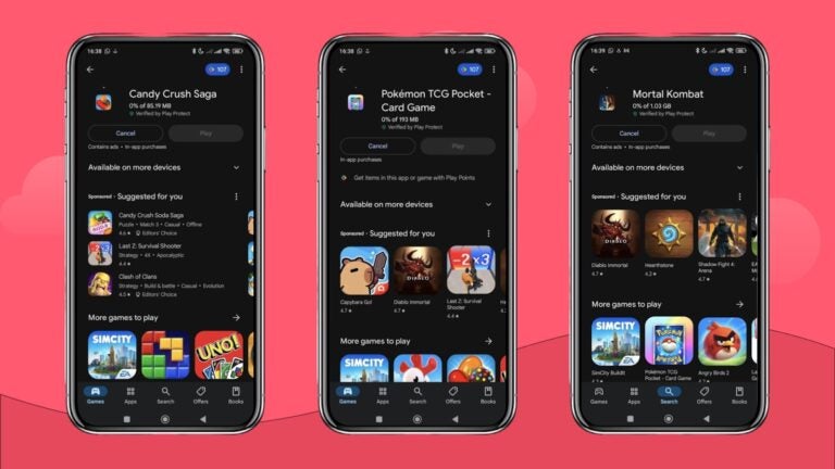 Candy Crush, Pokémon, and Mortal Kombat download sizes on the Play Store