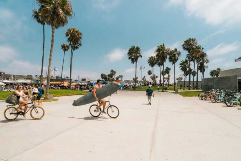 People cycling on the Venice Beach Boardwalk surrounded by tall palm trees 