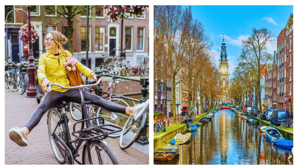Canals of Amsterdam and people riding bikes.