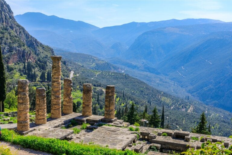 The stadium and mountainous landscapes of Delphi, Greece.
