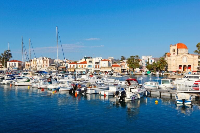 The promenade and boat dock of Aegina, Greece.