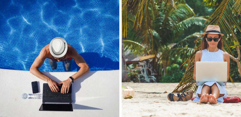 Remote workers or digital nomads working from the beach and the pool