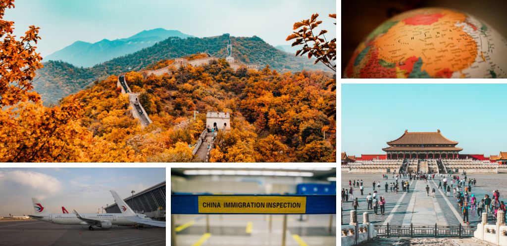 Shanghai airport; immigration control in China and views of the Great Wall of China.