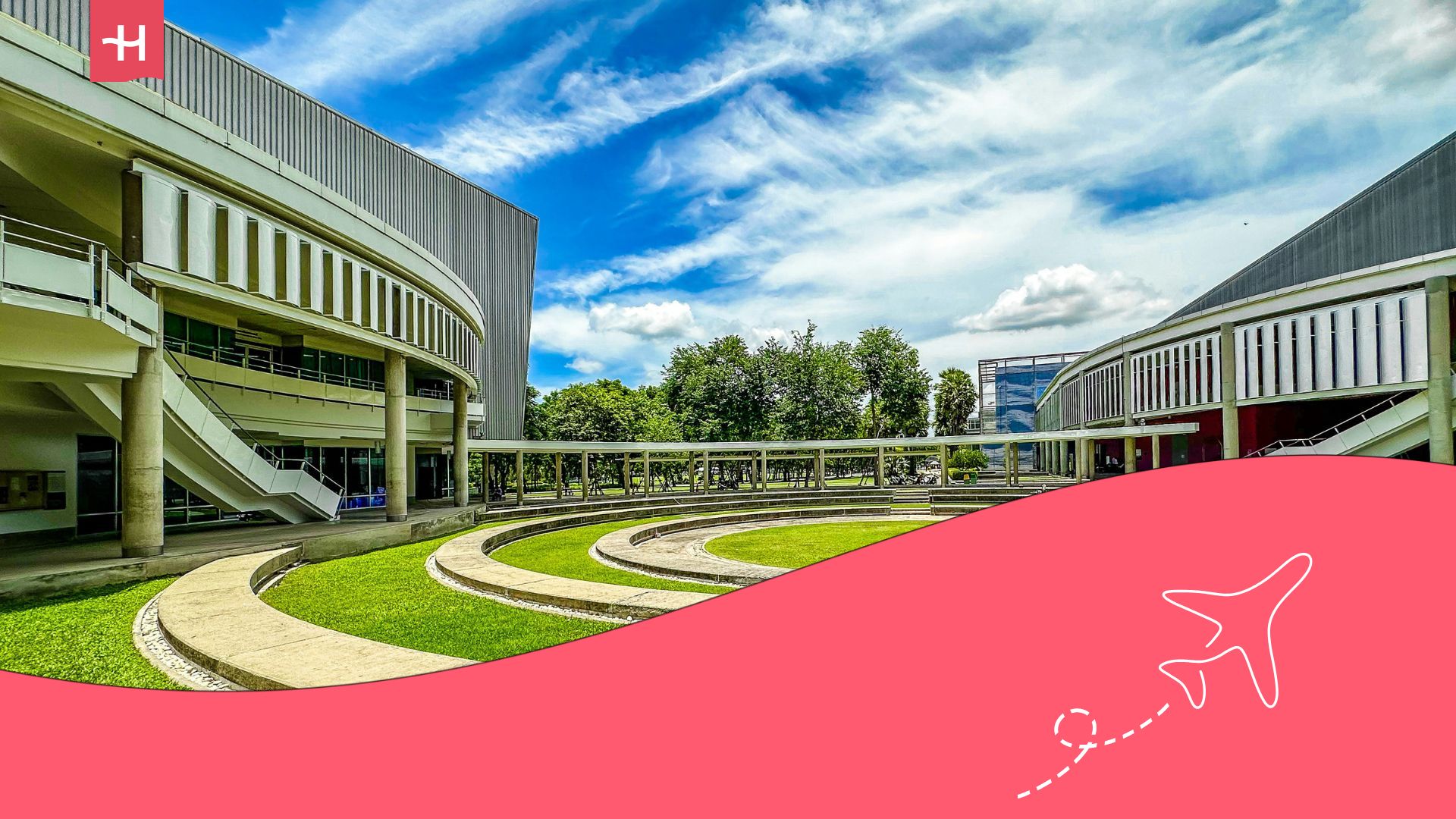 Scholarship in Thailand, university campus on a sunny day.