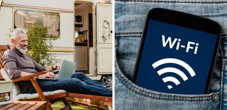 Caravan traveller using the internet with Solis Wifi and pocket Wifi