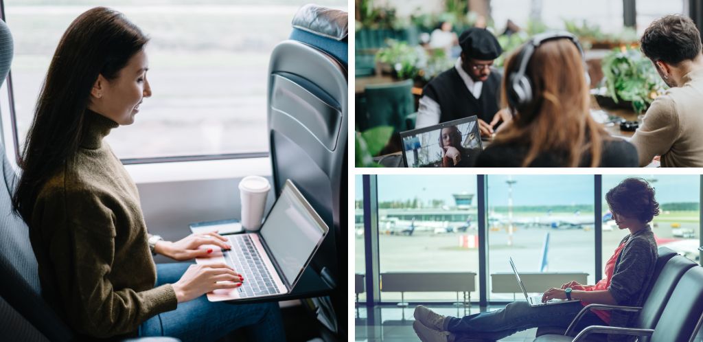 digital nomads at work in the train, airport and garden