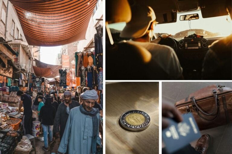 Egyptian market, man driving, Egyptian currency, suitcase and passport.