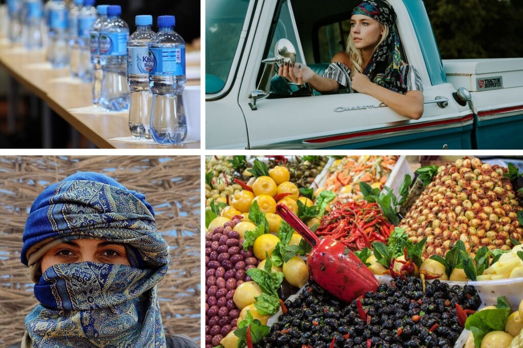 Street fruit stall in Morocco, woman with scarf, girl driving, and bottled water.