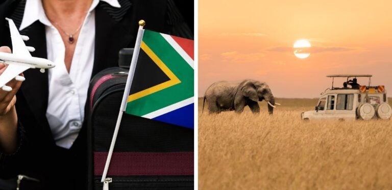 Traveller with South African flag and car in front of elephant in Kruger Park