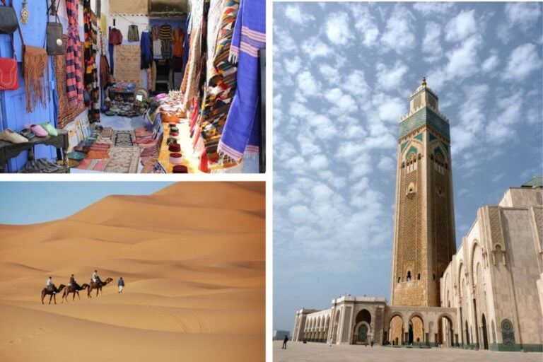 Sahara Desert, mosque, and carpet stall in Morocco.