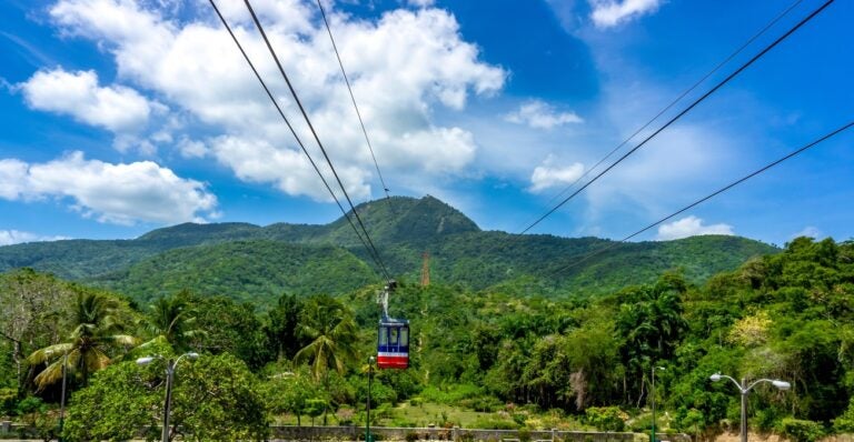 cable car lines and a cable car surrounded by lush green landscape