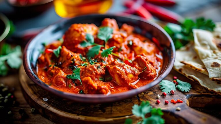fiery orange-red butter chicken garnished with coriander leaves 