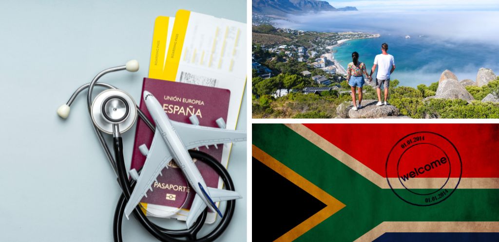 Spanish passport with flight tickets and medical insurance; view from The Rock viewpoint in Cape Town over Camps Bay; South Africa entry stamp
