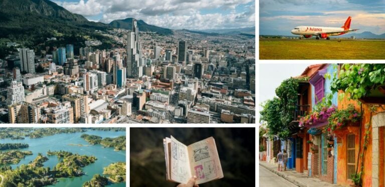 Colombian airport, streets and aerial view of cities or places in Colombia and visa stamps in passport