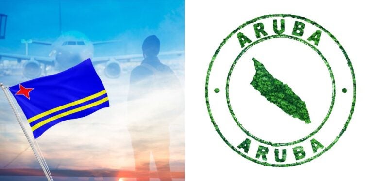 Aruba flag waving with airport and air plane in the background. Stamp with map of the island