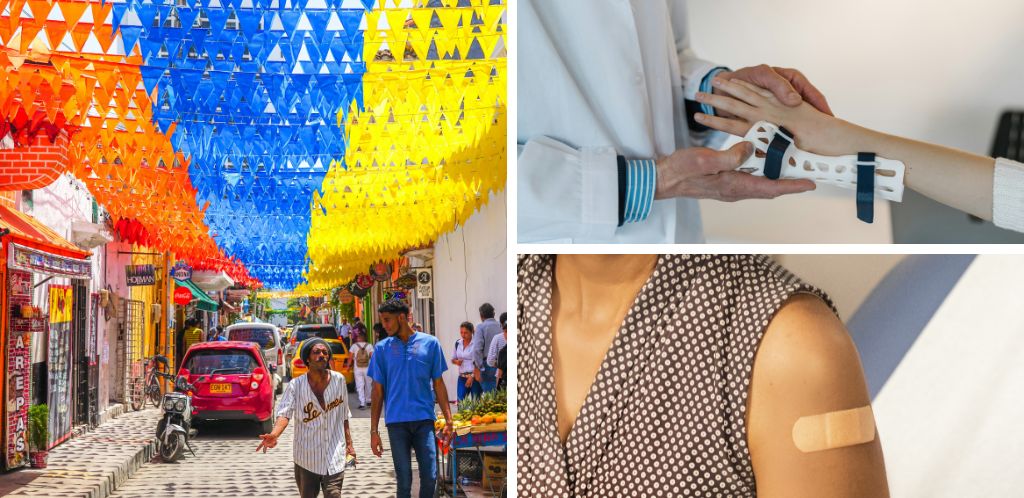 Street in Colombia; traveller getting vaccination and patient after travel incident.