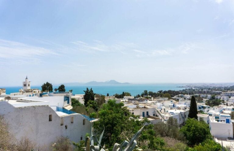 white structures and houses with the blue sea in the background 