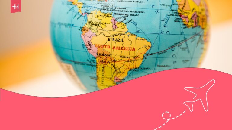 World map with closeup of South America. Holafly logo on the top left side and illustration of an aeroplane on the bottom right corner.
