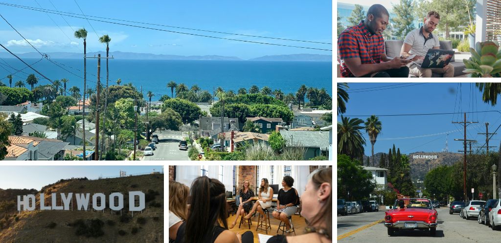 View of an LA neighbourhood, Hollywood sign and a group of digital nomads networking.