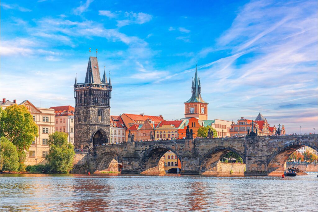 Side view of Charles Bridge in Prague, and nearby buildings.