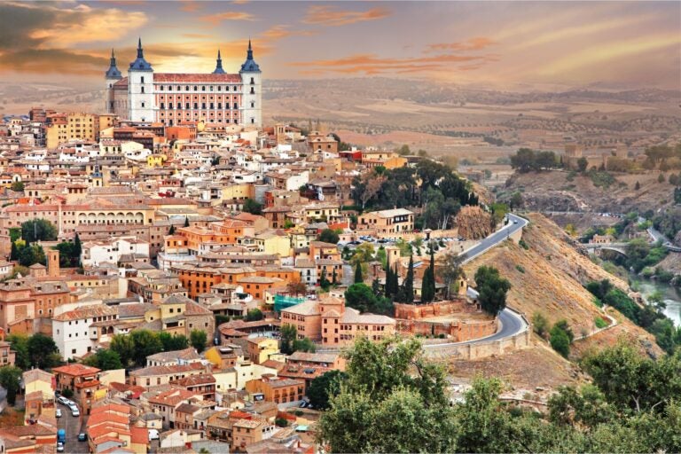 Aerial view of the UNESCO heritage town of Toledo just outside of Madrid.
