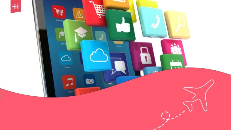 Illustration of a phone with multiple colorful apps bursting out of the screen. Holafly logo on the top left corner and an aeroplane illustration on the bottom right corner.