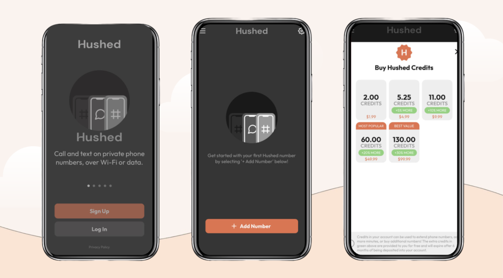 Display of three phones screens showing the steps to obtaining a virtual number via the Hushed app.