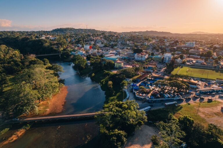 Aerial view at dusk of the town of San Ignacio, Belize.