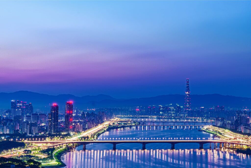 Evening aerial view of Seoul, South Korea.