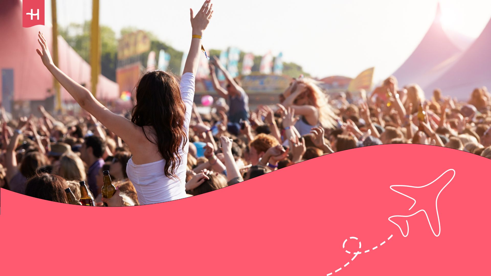 Crowd of festival goers, some with their arms up and on people's shoulders facing a stage. Holafly logo on the top left corner and an illustration of an aeroplane on the bottom right corner.