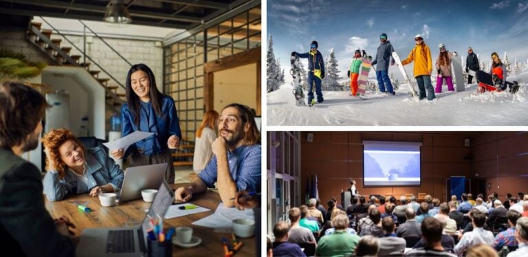 Digital nomads group in the snow and at a digital nomad conference.