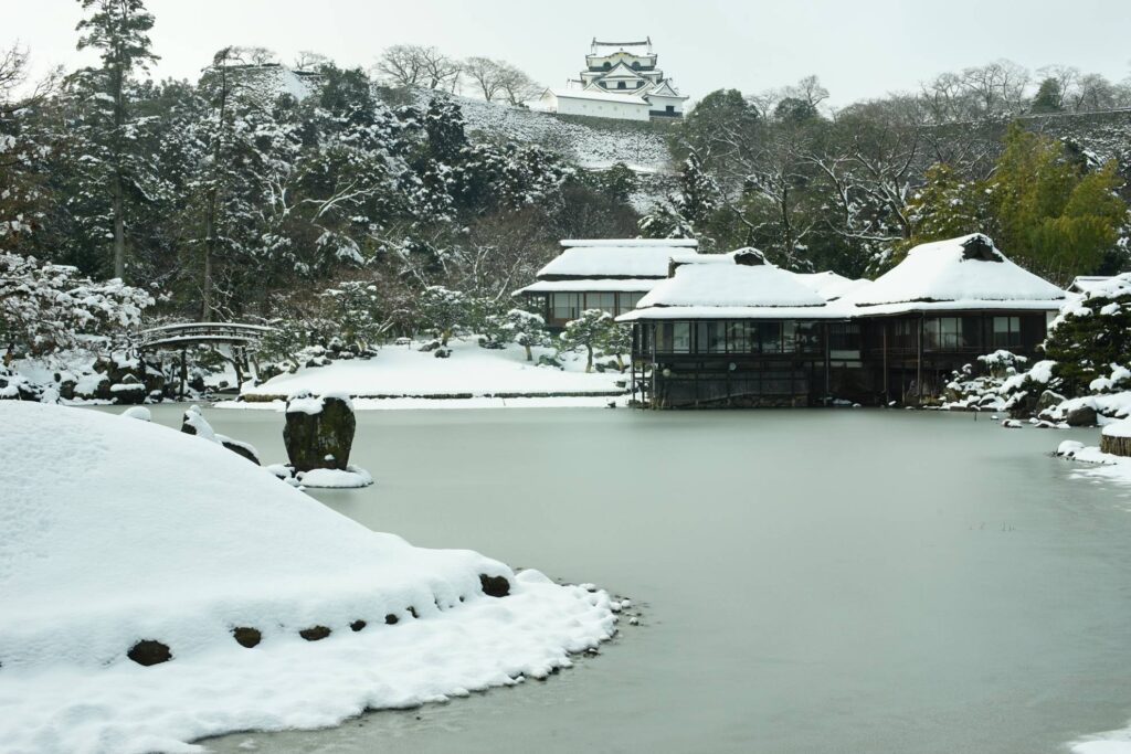 Traditional Japanese houses with the Hikone Castle during winter