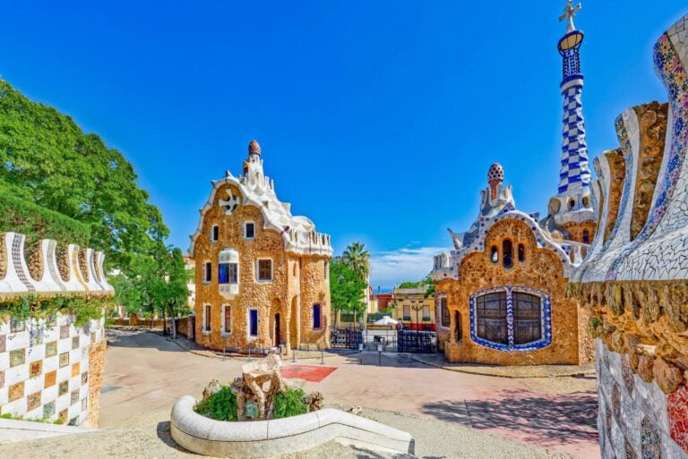 The iconic Park Guell with traditional Gaudí buildings and surrounded by nature