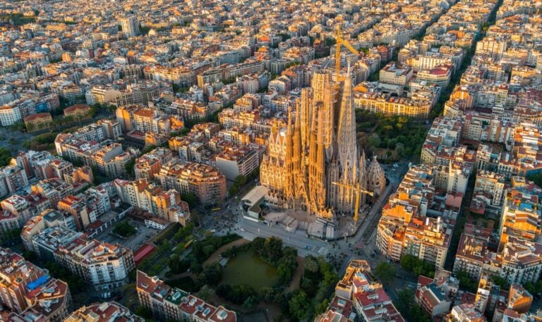 The Sagrada Familia church seen from above with surrounding buildings in Barcelona