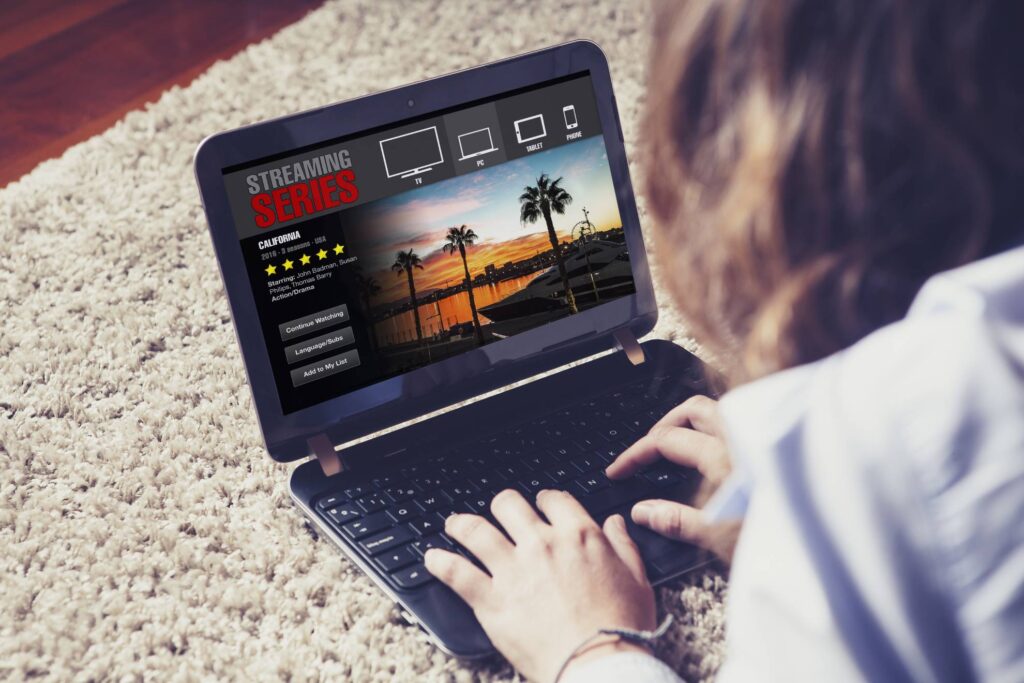 Young woman streaming content in her laptop