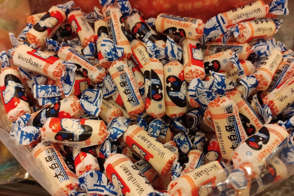 Close-up of a bowl of tradtional Chinese White Rabbit candy.