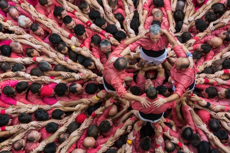Aerial view of the activity of Castells in the town of Catalonia, Spain.