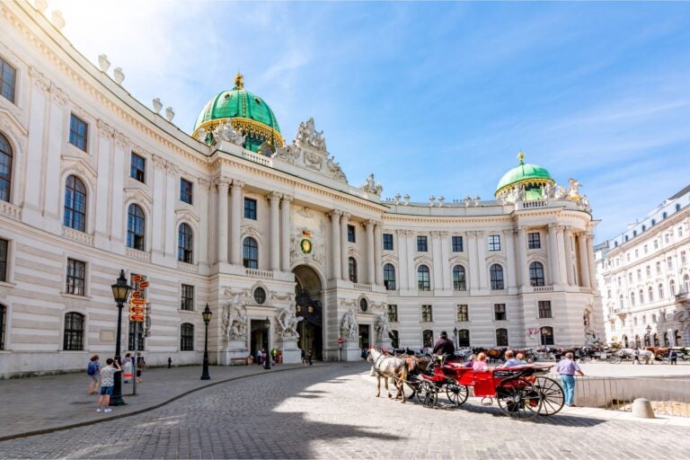 Side view of the Hofburg Palace, Vienna, with horse and carriage stationed near the entrance.